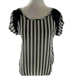 Sheer Women's Lightweight Black and White Striped Summer Shirt Top Size Medium